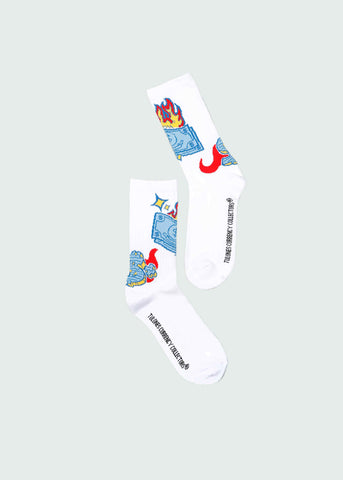 White Burning Currency Graphic Socks