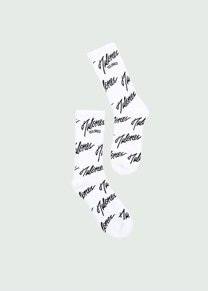 White New Tulones Script Logo All Over Sock