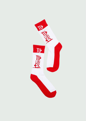 White & Red Stacked Double Crew Socks